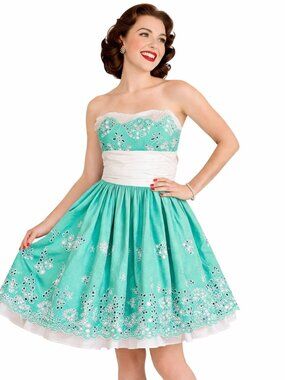 Vintage Betsey Johnson Strapless Blue White Eyelet Mini Dress Retro Coquette 4